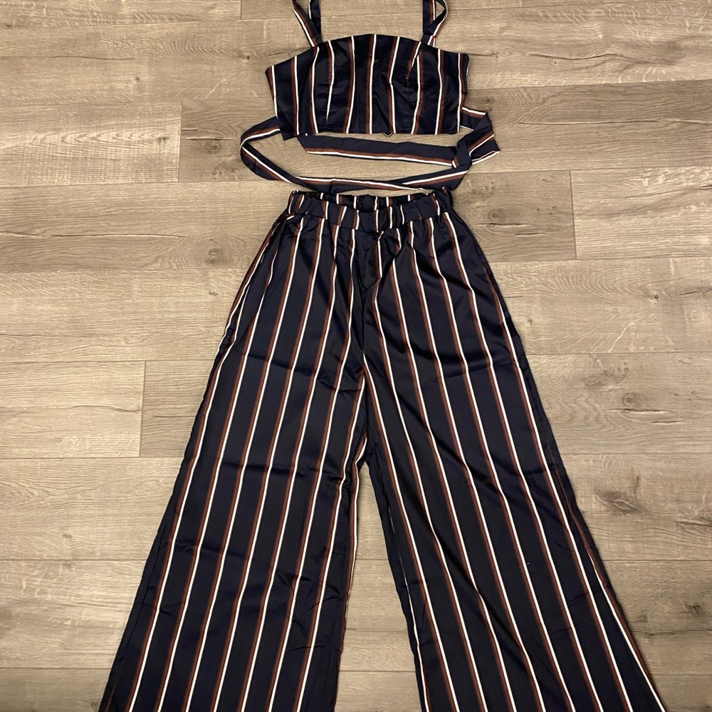 Navy with brown stripe two piece jumpsuit from ZAFUL, medium